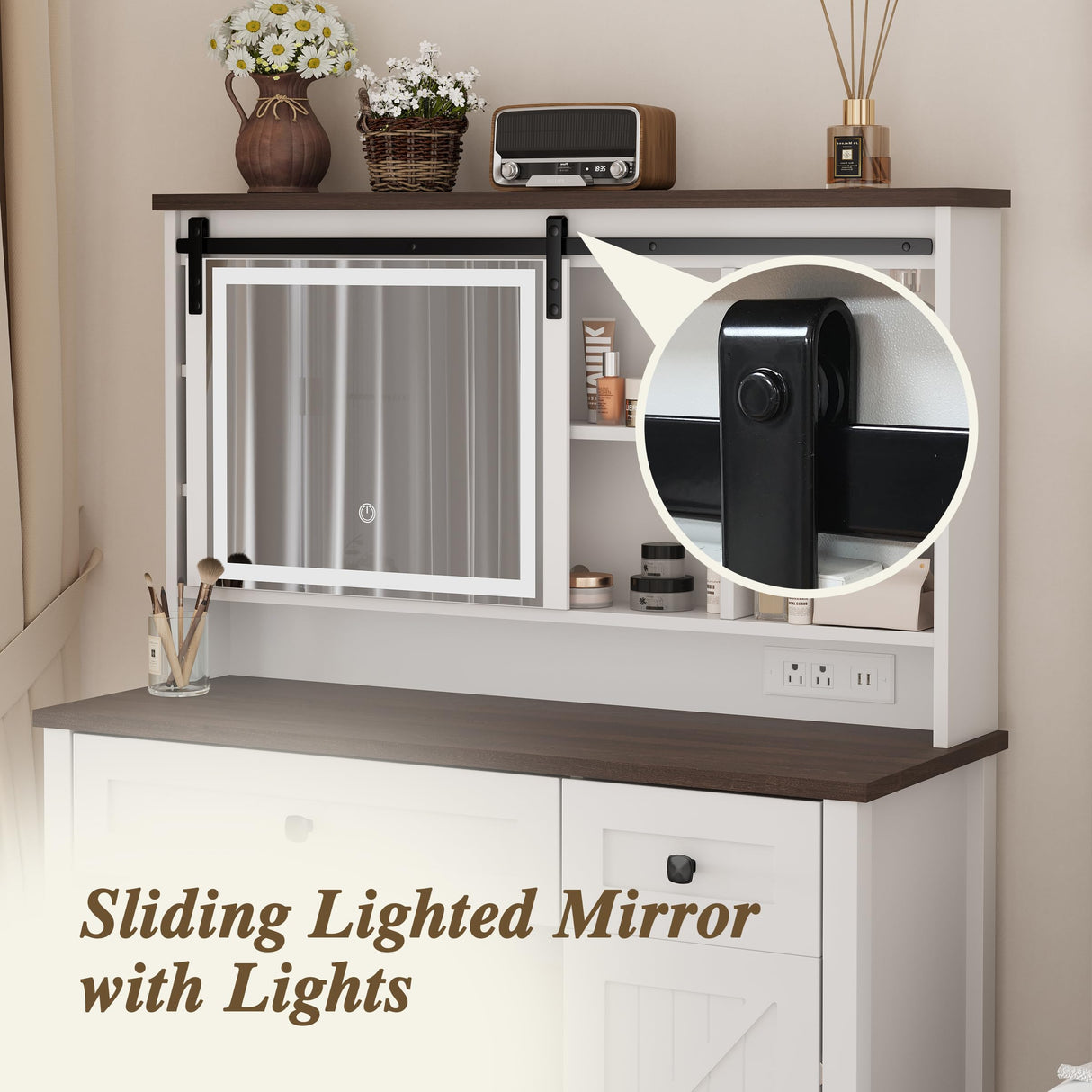 White Makeup Vanity Desk with Power Outlet 42"W Farmhouse Vanity Table with Sliding Mirror and Adjustable 3-Mode Lights Girls Dressing Table with Adjustable Shelves and Side Cabinet for Bedroom Algherohein