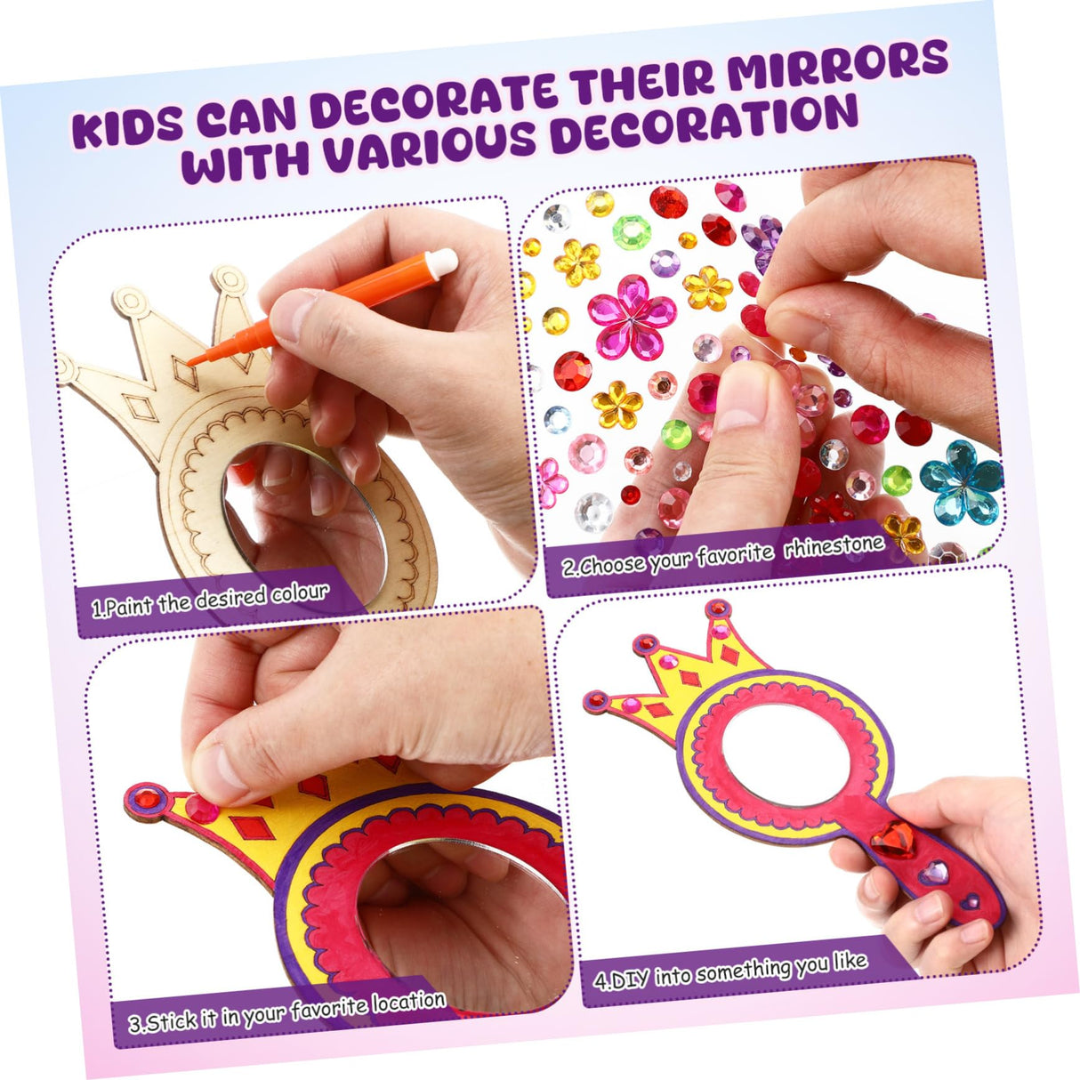 NUOBESTY 1Set Princess Mirror Craft Kit DIY Handheld Mirror with Markers Rhinestone Stickers for Birthday Party Decorations Creative Play and Learning NUOBESTY