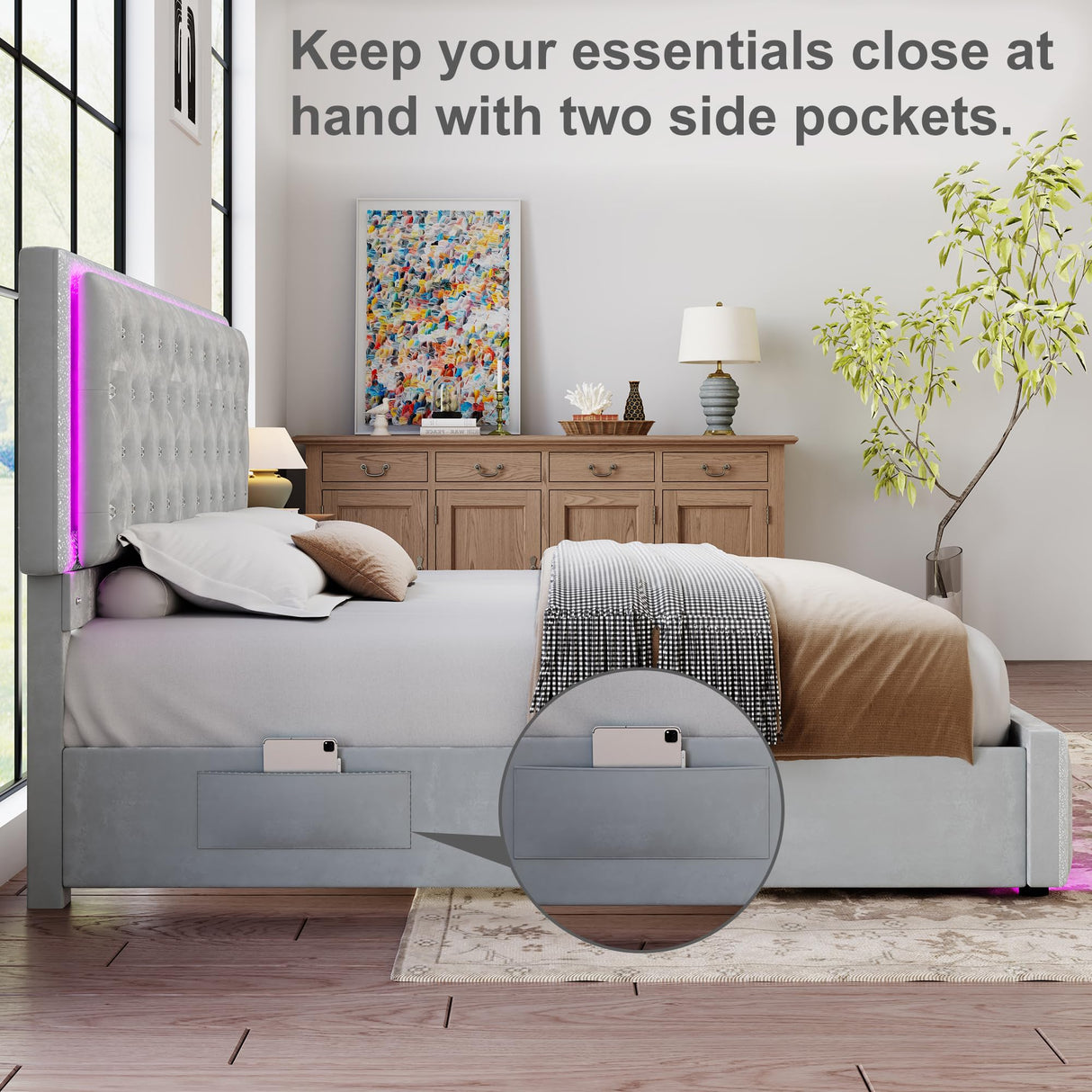 Torana Queen LED Bed Frame with 2 Drawers, Soft Velvet Platform Bed with Diamond Tufted Headboard Footboard and 2 Side Pockets, Mattress Foundation with Wooden Slats Support No Box Spring Needed, Grey Torana