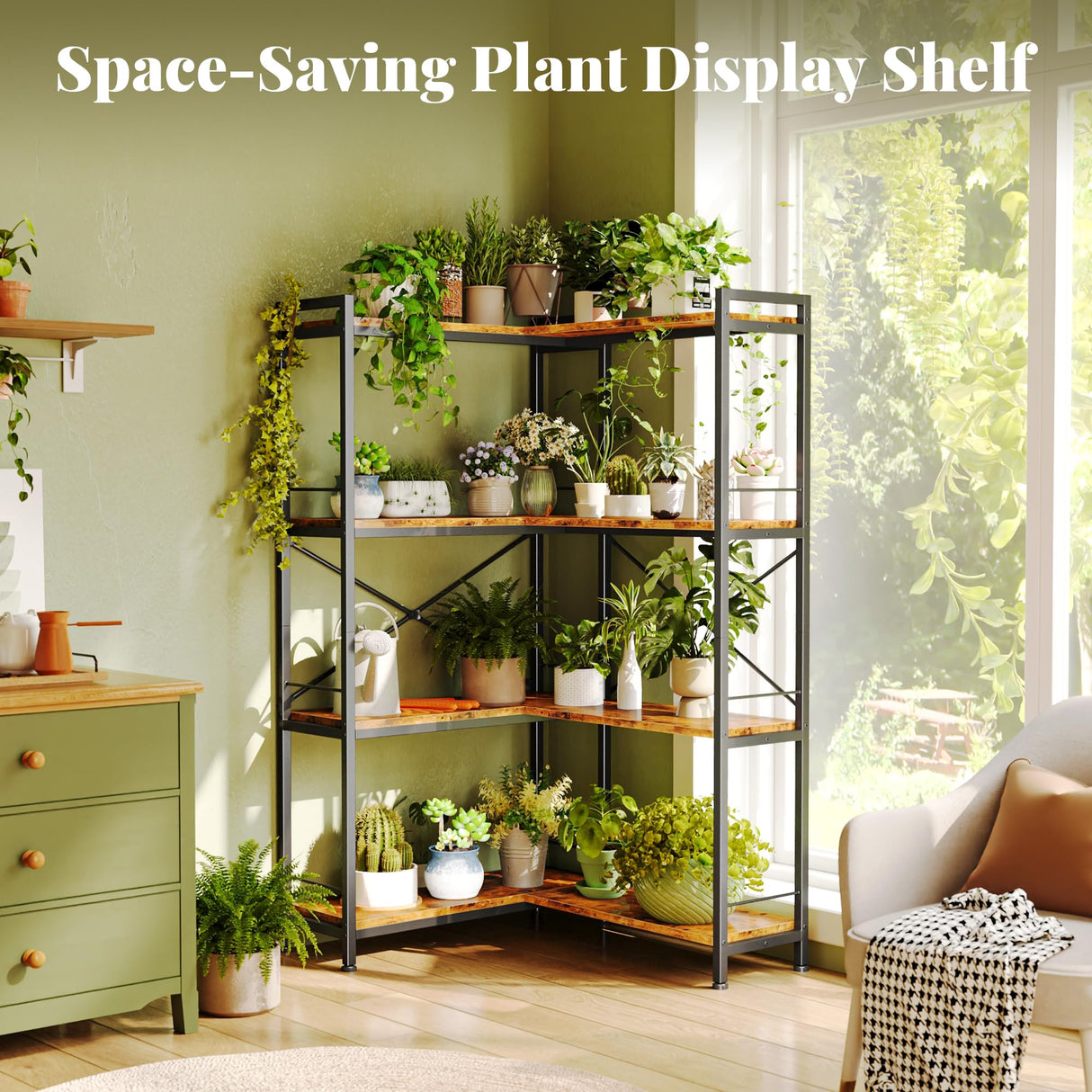 Huuger 4 Tier Bookshelf, L Shaped Corner Bookshelf with 8 Open Shelves, 49.4 Inch Straight Wide Bookcase with Metal Frame and Wooden Board, Adjustable Feet, Rustic Brown