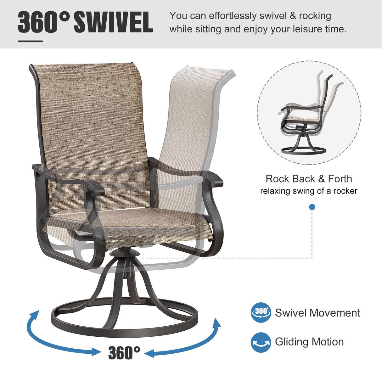 VONZOY Patio Swivel Chairs Set of 2, Outdoor Dining Chairs with High Back, All-Weather Swivel Rocker Chair for Lawn, Porch or Garden (Brown) VONZOY