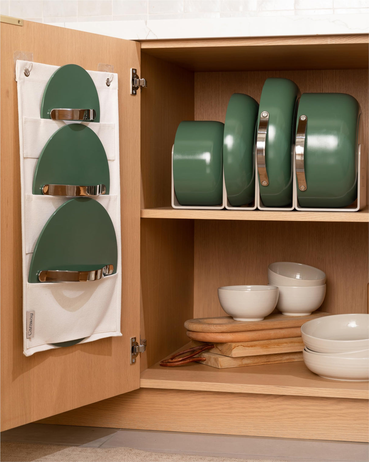 Caraway Nonstick Ceramic Cookware Set (12 Piece) Pots, Pans, 3 Lids and Kitchen Storage - Non Toxic - Oven Safe & Compatible with All Stovetops - Cream Caraway