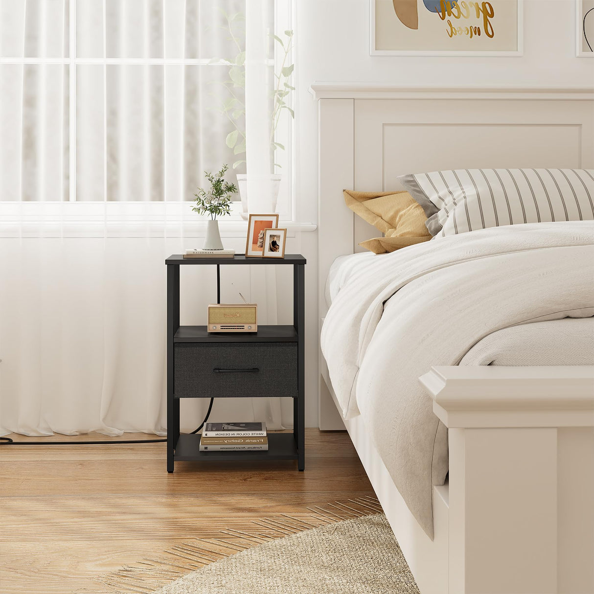 TUTOTAK End Table, Side Table with Charging Station, Nightstand Set of 2, Bedside Table with Fabric Drawer, Couch Table for Livingroom and Bedroom, Black TB01BK0692 TUTOTAK