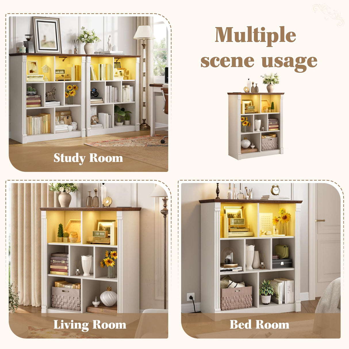 EnHomee 7 Cube Storage Organizer with LED Light and Charging Station Wood Cube Shelf White Bookshelf for Bedroom Living Room,Office,White EnHomee