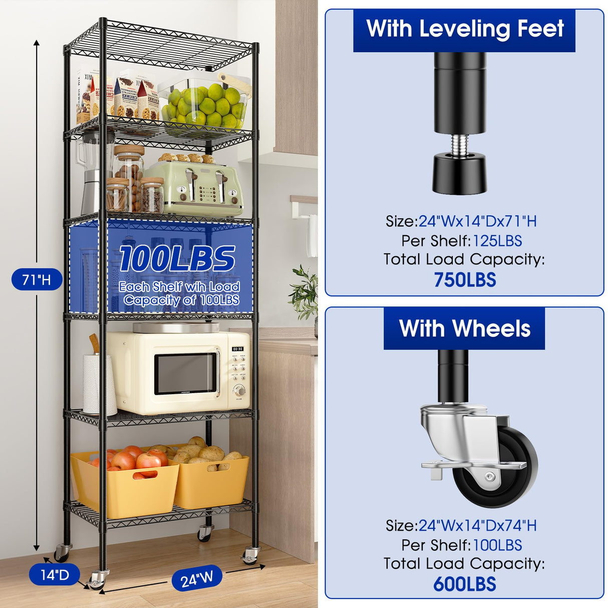 Homtell Adjustable 6-Tier Heavy Duty Wire Shelving Rack, 14" D x 24" W x 71" H Storage Shelves with Wheels, 750 lbs Capacity Rolling Metal Shelving for Garage, Pantry, Kitchen, Closet Homtell