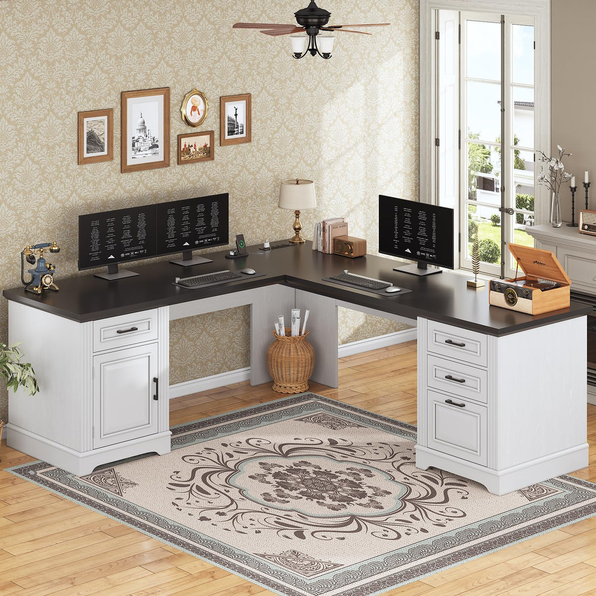 SEDETA Farmhouse 69" Executive L Shaped Desk, Home Office Desk with Drawers and Storage Cabinet & Power Outlet, Corner Computer Desk, White SEDETA