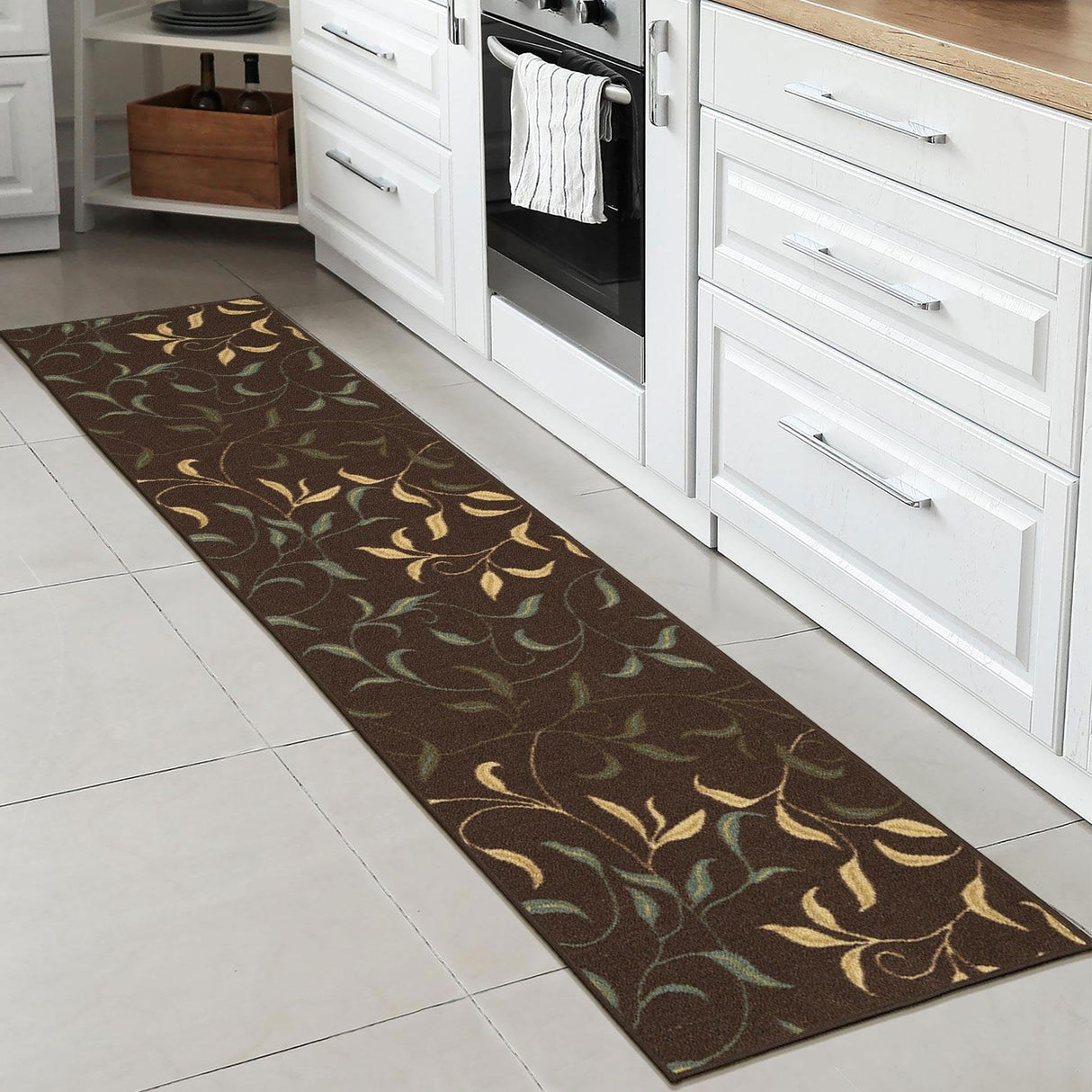Machine Washable Leaves Design Non-Slip Rubberback 3x10 Traditional Runner Rug for Hallway, Kitchen, Bedroom, Living Room, 2'7" x 9'10", Brown Ottomanson