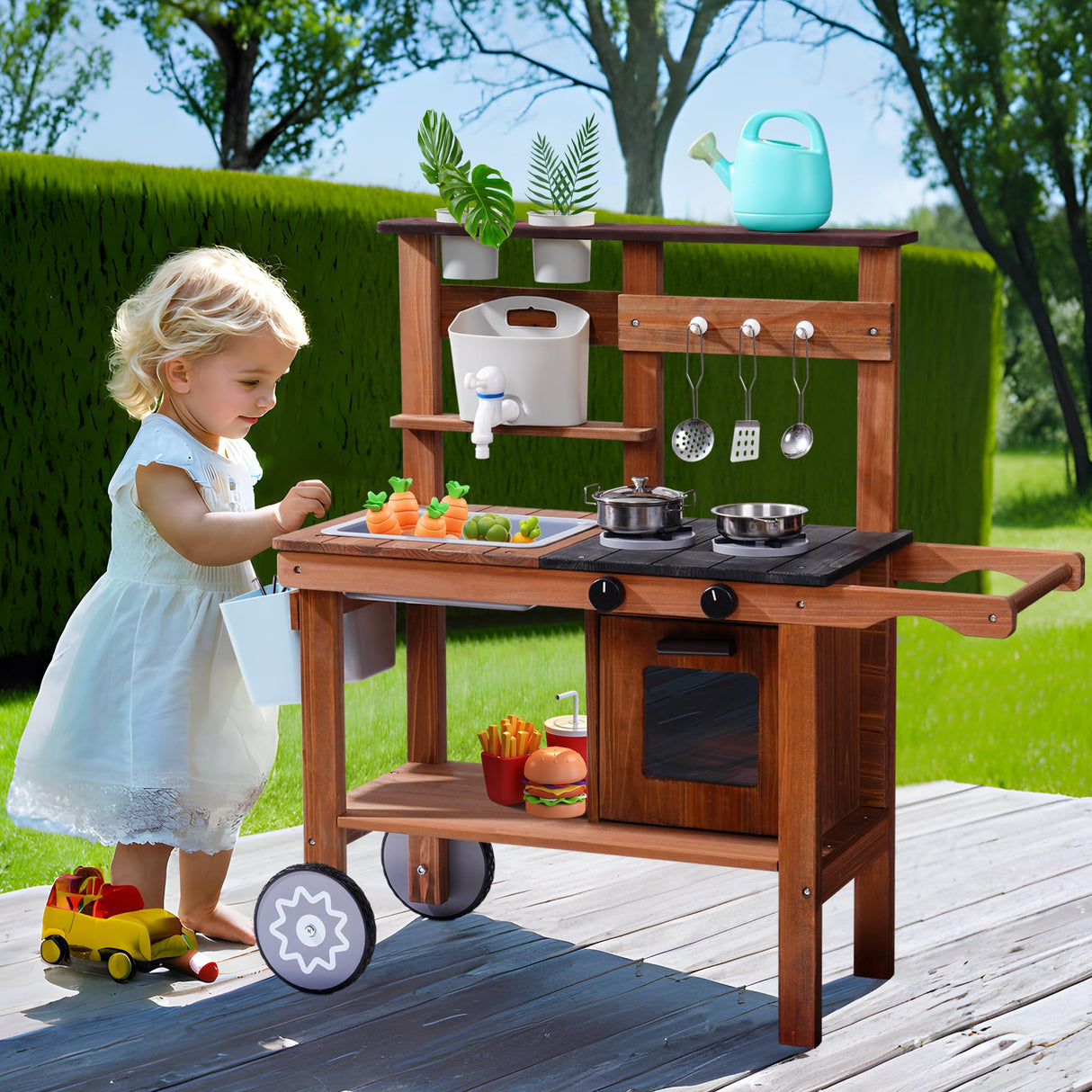 ROBUD Mud Kitchen for Kids Outdoor with Wheels, Wooden Outdoor Play Kitchen, Kids Mud Kitchen with Removable Sink & Faucet, Monteeori Toys for Children Ages 3+ Years, WG403 ROBUD
