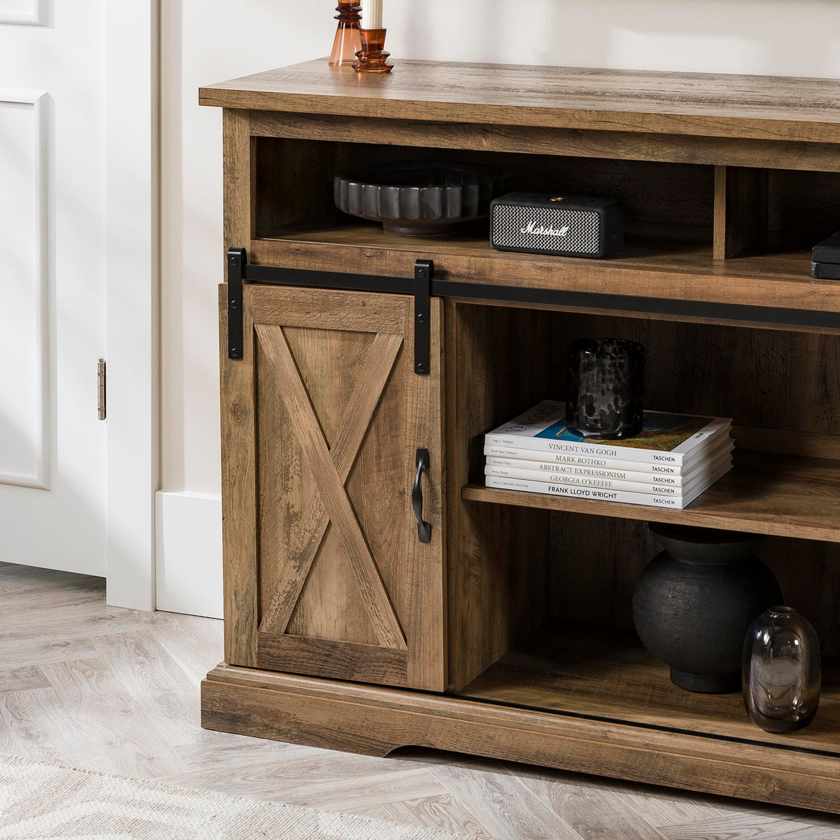 Walker Edison Clayton Farmhouse Sliding Double Barn Door TV Stand for TVs up to 58 Inches, 52 Inch, Rustic Oak Walker Edison