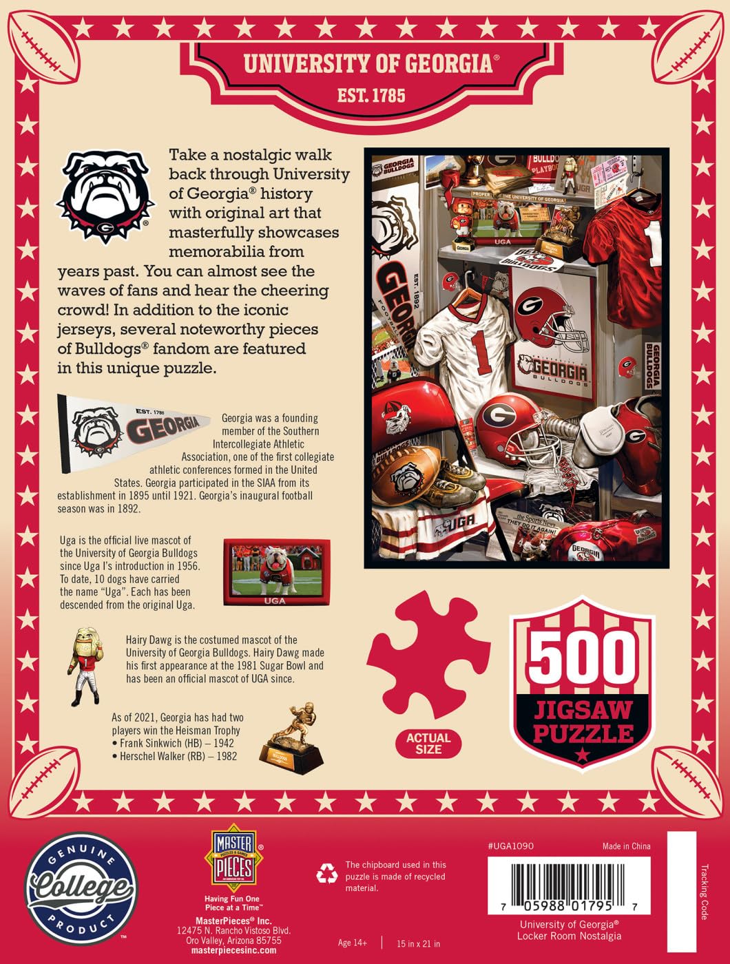 MasterPieces Game Day 500 Piece Jigsaw Puzzle for Adults - NCAA Georgia Bulldogs Locker Room - 15"x21" Masterpieces