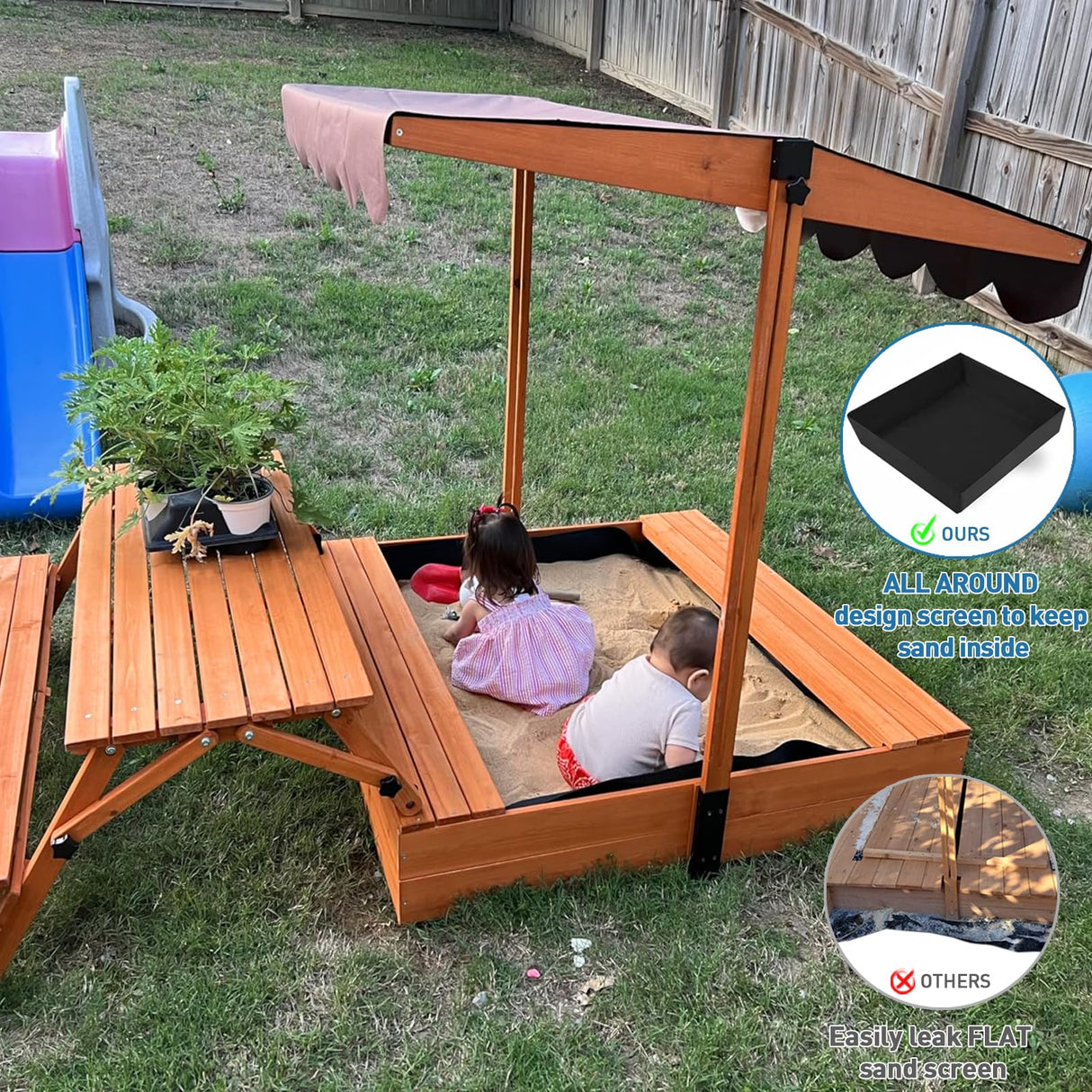 Sand Box Kids Sandbox Outdoor with Lid Cover with Kids Picnic Table Foldable Sand Pit FunXplore