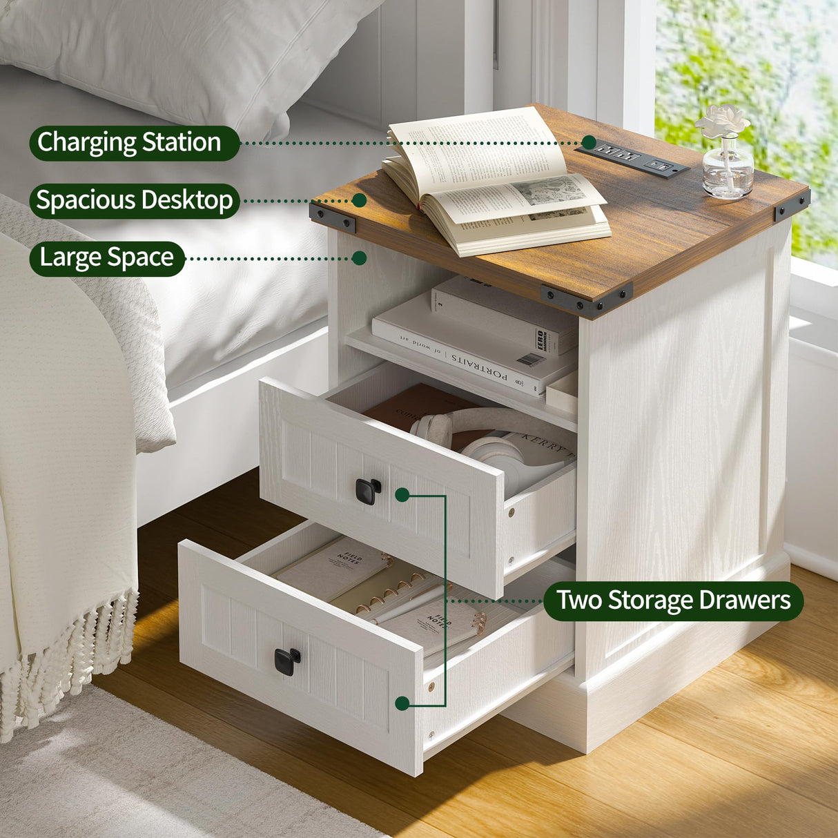 AntsandAnts White Farmhouse Nightstand Set of 2,Wood End Tables Bedroom with Charging Station,Metal Corner Night Stand with 2 Drawers for Living Room,Bedside Table Furniture AntsandAnts