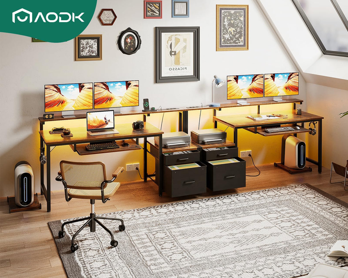 AODK 55" Computer Desk with Fabric File Cabinet and Drawer, Reversible Office Desk with Power Outlet and LED Light, Study Desk with Printer Stand, Keyboard Tray, Monitor Riser and PC Stand, Vintage AODK