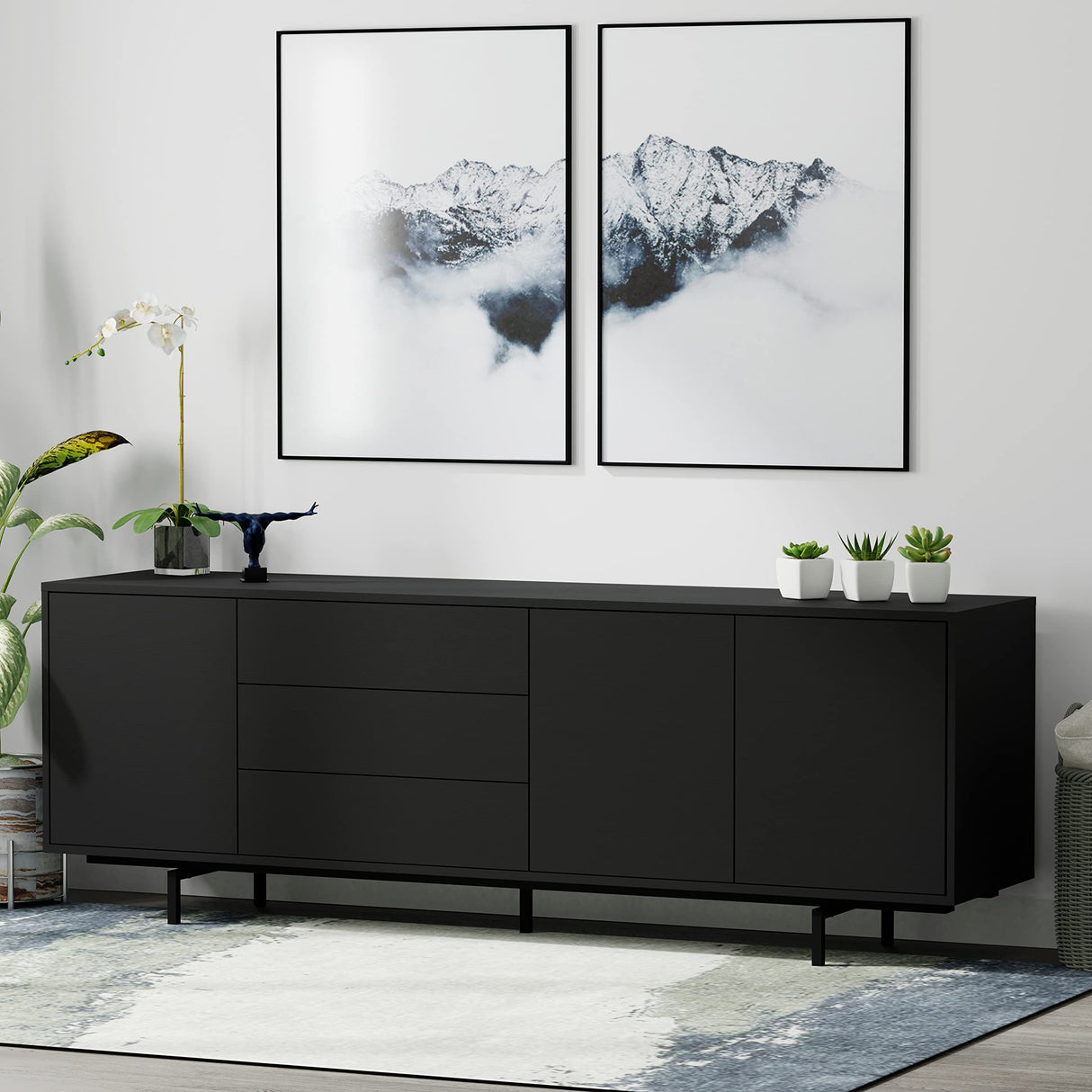 Glenwillow Home Atlas 78" x 28" Highboy Modern TV Stand Cabinet and Sideboard - Black Frame, Black Door/Drawers, Black Base Glenwillow Home
