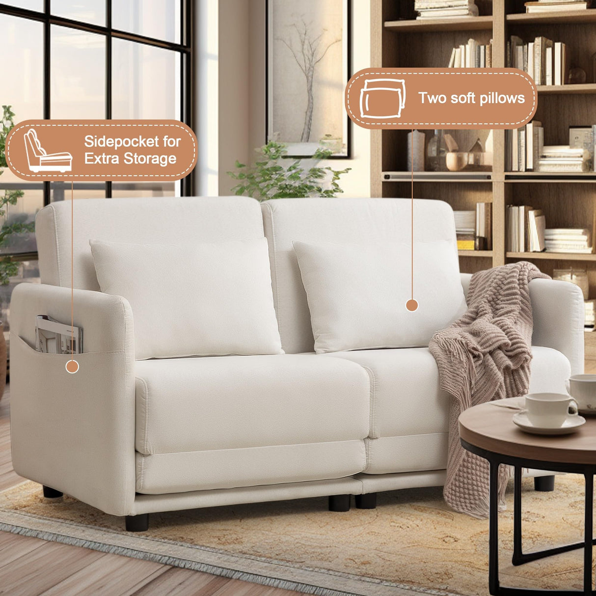 Korser 56.3" W x 74.8" D Small Full Size Pullout Sofa, Futon Sofa Bed with Side Pockets, Convertible Loveseat with Washable Breathable Cover, Living Room Futon Sofa, White Korser