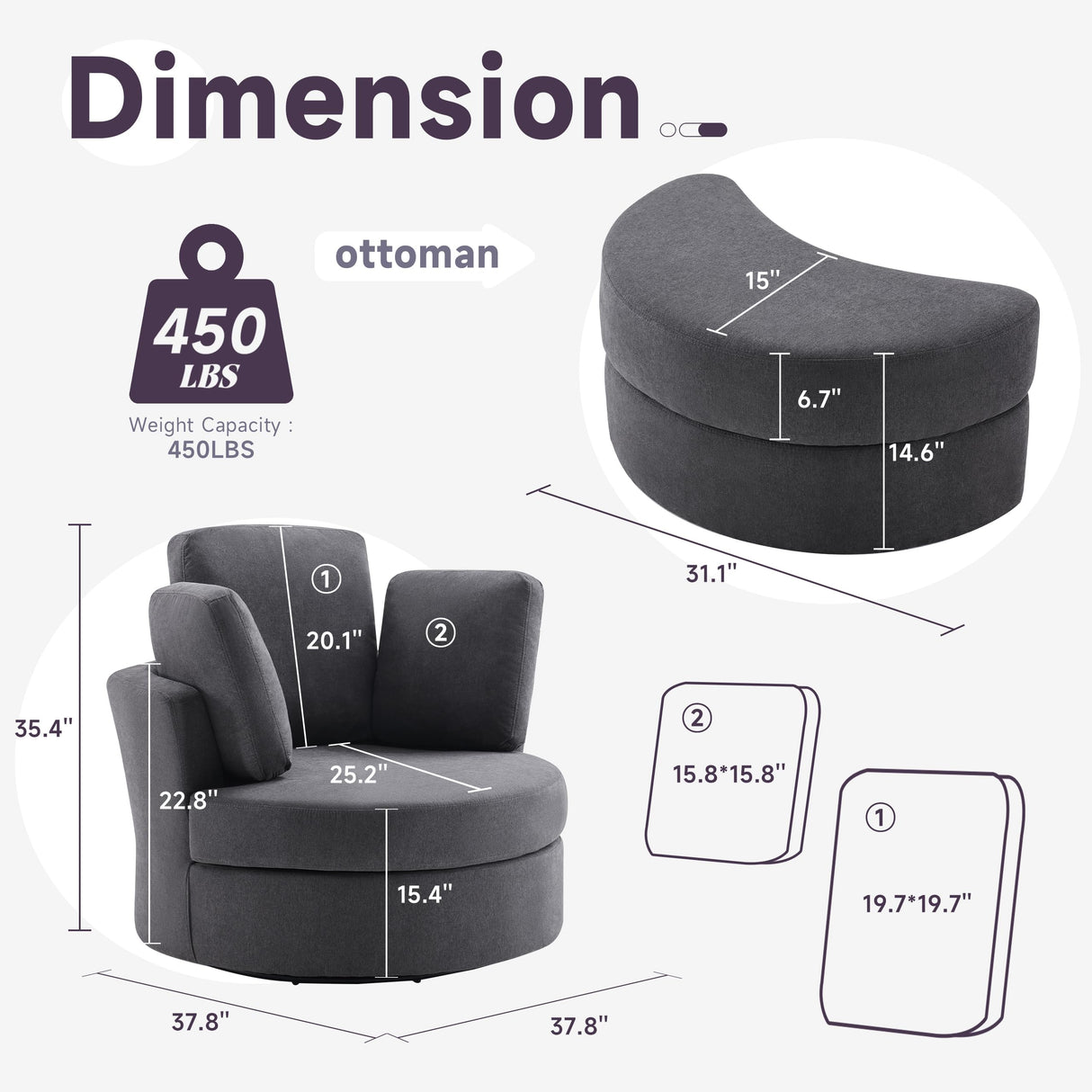 Huatean Home 39” Swivel Accent Barrel Chairs with Removable Headrest, Chaise Lounge Indoor with Neck Support Pillow, Oversized Chair with Ottoman,Swivel Chairs for Living Room, Grey Huatean Home