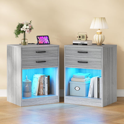 ADORNEVE LED Nightstands Set of 2,Night Stands for Bedrooms Set of 2,Nightstand with Charging Station and LED Lights,Bedside Table with Drawers & USB Ports (Grey)