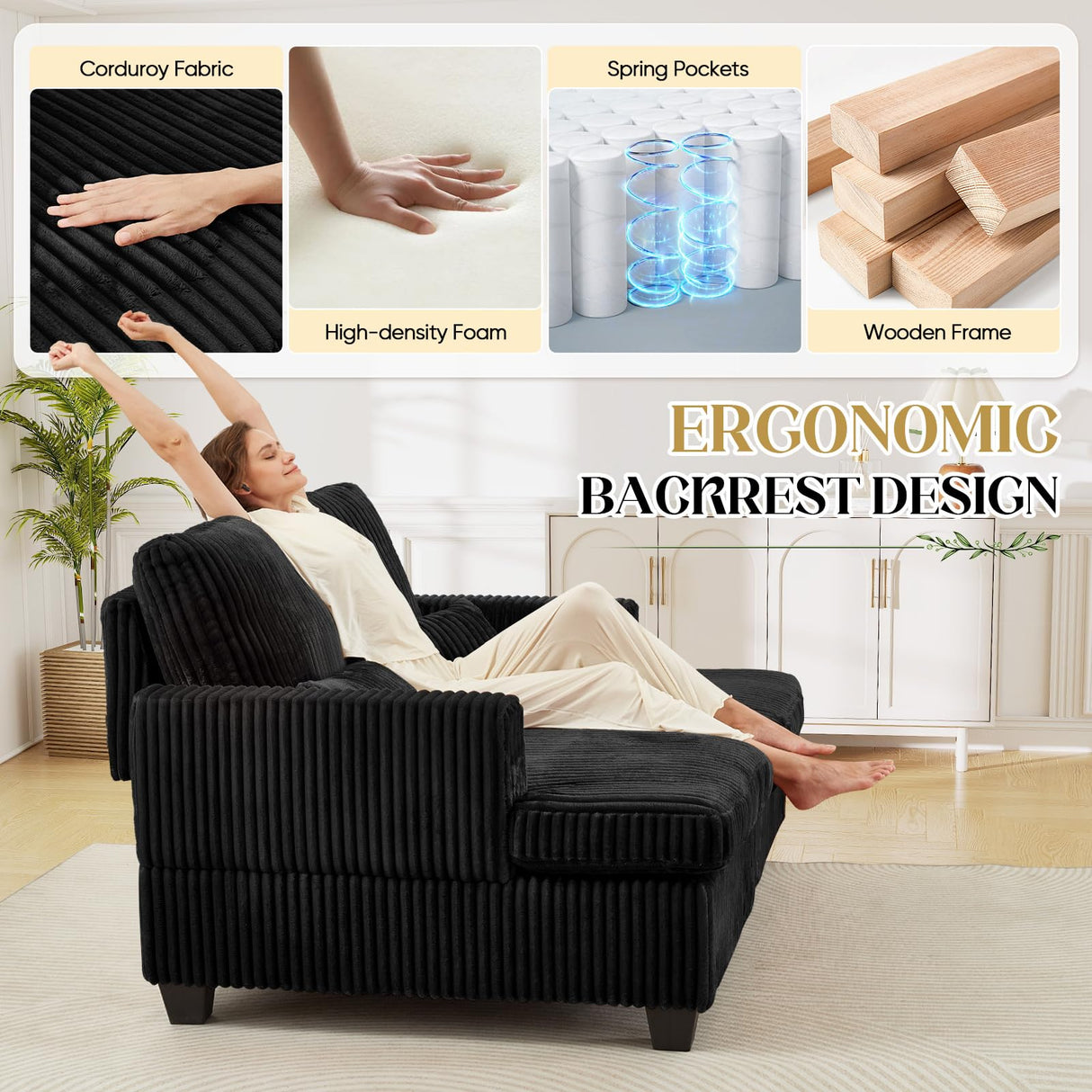 JEEOHEY Double Chaise Lounge Chair Indoor, 61" W Corduroy Small Loveseat Couch with Adjustable Backrest, Modern Comfy Couch, Deep Seat Sofa, Leisure Sleeper Sofa Bed for Living Room,Bedroom(Black) JEEOHEY