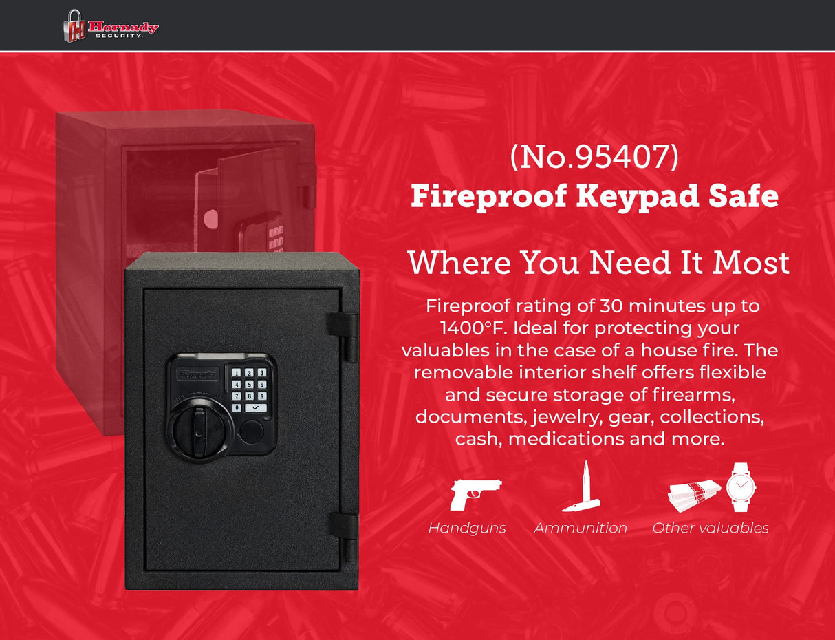 Hornady Fireproof Safe for Guns and Valuables with Keypad Entry - Secure Your Firearms, Cash, Documents, Jewelry and More - 4-6 Digital Keypad Entry, Interior Light and Backup Key - Item 95407 Hornady