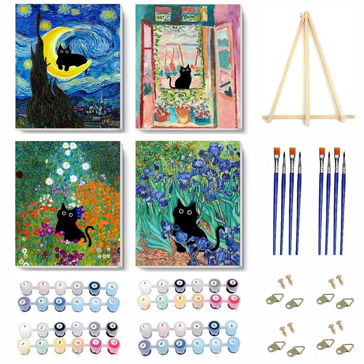 VIGEGU 4 Pack Paint by Numbers Kit for Adults Framed Canvas - with Wooden Easel,Adults' Paint-by-Number Kits Black Cat DIY Acrylic Landscape Oil Painting Arts Crafts 7.8x11.8inch VIGEGU