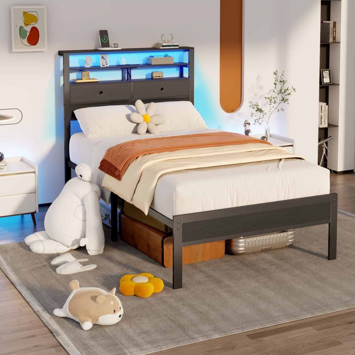 Furnulem Twin Bed Frames with Charging Station and LED Lights, Wood Headboard with 2 Fabric Drawers and Storage Shelves, Twin Size Platform Bed with Metal Slats, No Box Spring Needed, Black Oak Furnulem