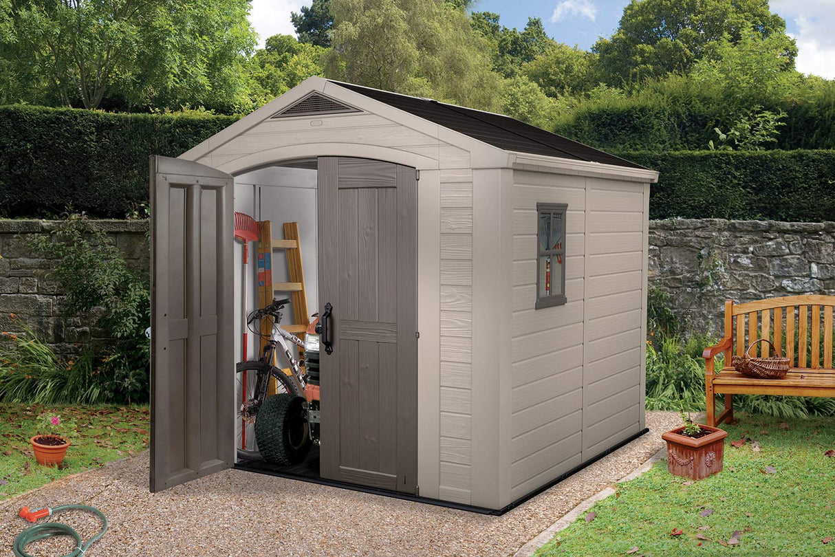 Keter Factor 8x8 Foot Large Resin Outdoor Shed with Floor for Patio Furniture, Lawn Mower, and Bike Storage, Taupe & Brown Keter