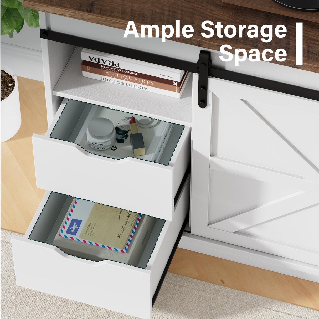 JUMMICO TV Stand with 4 Drawers for 65 Inch TV, Entertainment Center with Storage Cabinets and Sliding Barn Doors, Mid Century Modern Media TV Console Table for Living Room Bedroom (Bright White) JUMMICO