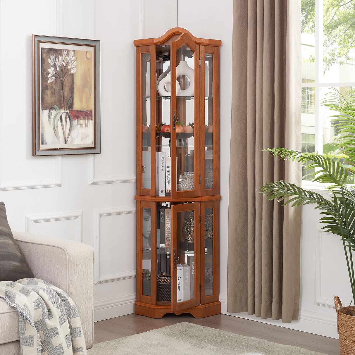 XZTUAJ 66" H Lighted Corner Curio Cabinet, 5 Tier Glass Display Cabinet with Adjustable Shelves and Mirror Back Panel, Corner Curio Storage Rack Wood Display Case for Living Room & Kitchen (Oak) XZTUAJ