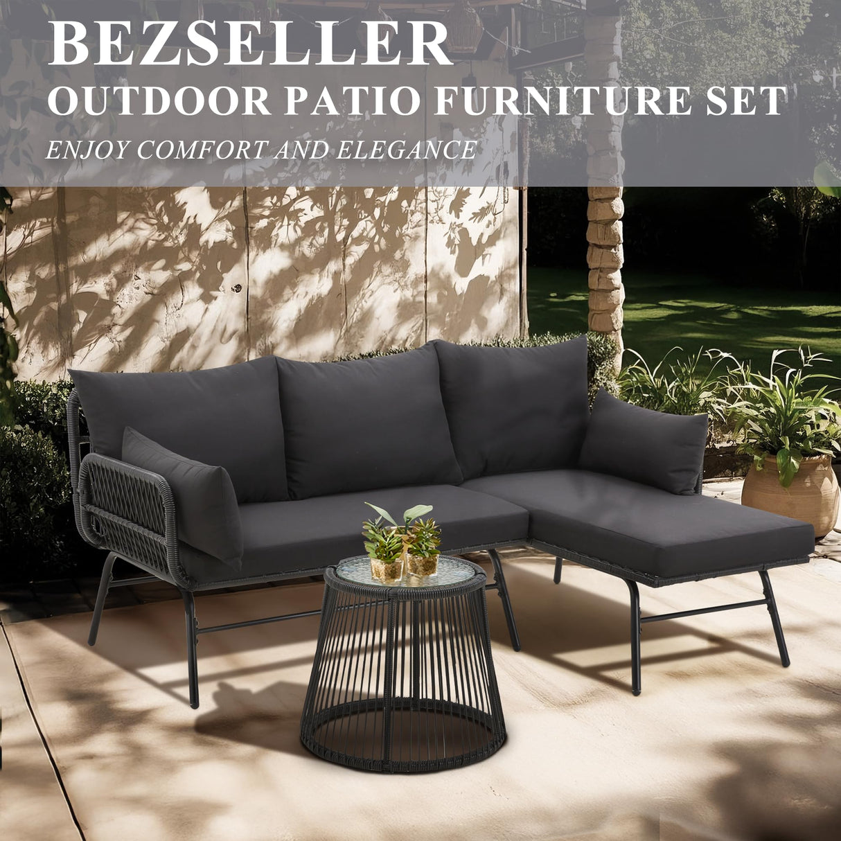 Bezseller 3-Piece Outdoor Patio Furniture Set – L-Shaped Rattan Sectional Sofa with Detachable Lounger, Glass Coffee Table & 4" Cushions – All-Weather PE Wicker for Backyard, Porch, Poolside Bezseller