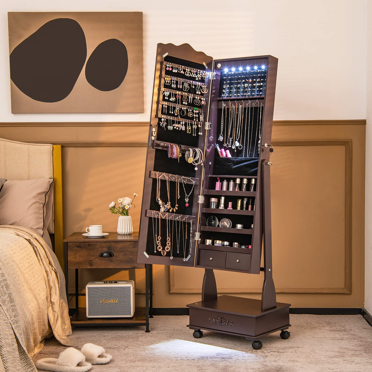 CHARMAID Rolling Jewelry Armoire with Full Length Mirror, Lockable Stand up Jewelry Cabinet with Lights and Wheels, Standing Jewelry Organizer with Drawers, Mirror with Jewelry Storage (Espresso) CHARMAID