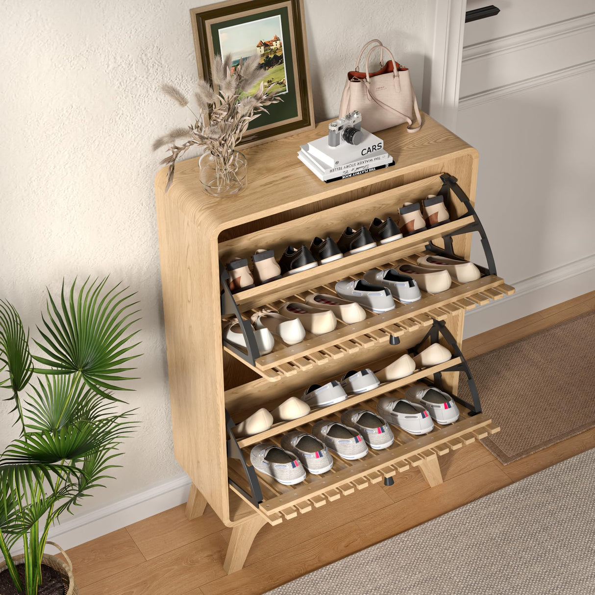 Jluomei Narrow Shoe Cabinet Storage for Entryway Slim, Wood Fluted Entry Way Shoe Organizer, Modern Rack Cabinet with 2 Flip Drawers, Wooden, Farmhouse, Small, Freestanding, Oak, Natural Jluomei