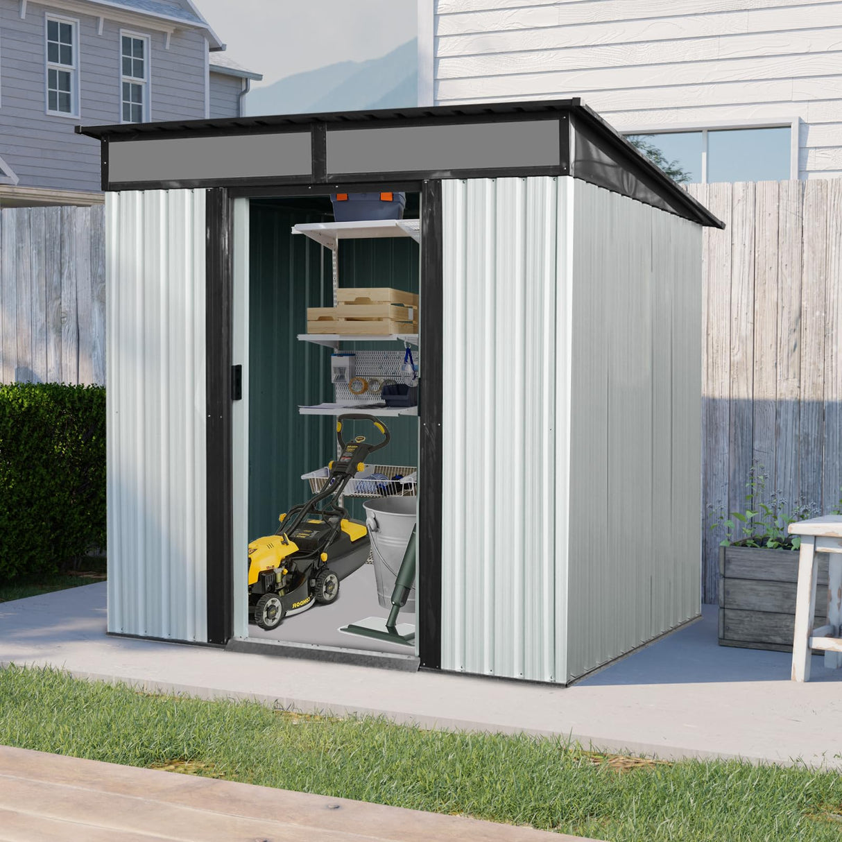 6X5 FT Outdoor Storage Shed, Waterproof Metal Garden Sheds with Lockable Door, Steel Tool Storage Buildings Shed & Outdoor Storage House for Garden, Backyard, Patio, Lawn, Trash Cans(White + Black) ANTSKU