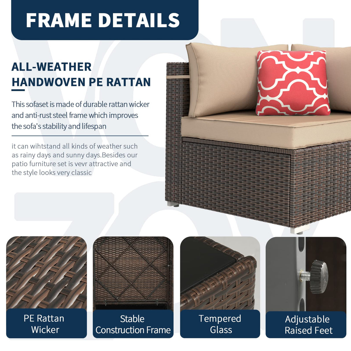 VONZOY Outdoor Patio Furniture Set 7 Pieces Sectional Rattan Sofa Set, PE Rattan Wicker Patio Conversation Set with 6 Seat Cushions and 1 Tempered Glass Table and Furniture Cover, Brown VONZOY