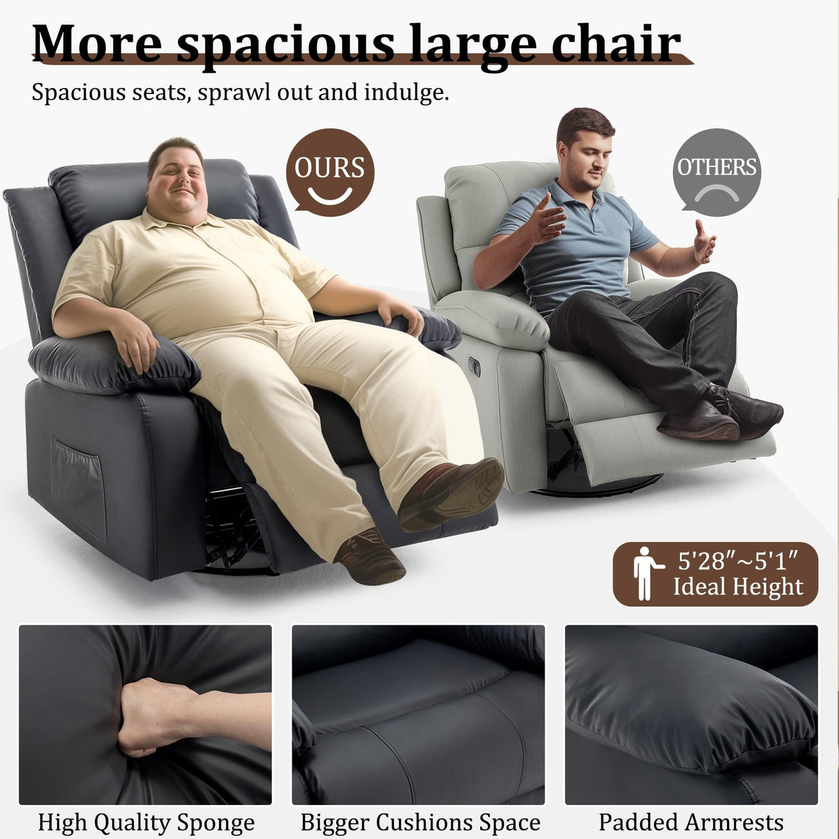 Recliner Chair, Wide Rocker Chair, Pet-Friendly Design, Large Rocking Chair with Massage and Heat,360°Swivel Nursery Rocking Chair, Oversized Recliner for Adults, Black Reclining Sofa for Living Room Korser