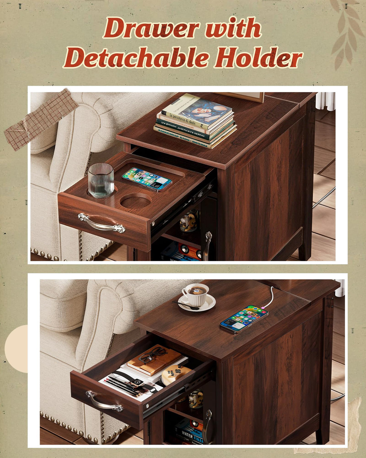 WLIVE End Table with Charging Station, Narrow Side Table for Living Room, Farmhouse Night Stand with Storage, Small Wooden Cabinet Nightstand with USB Ports and Outlets, 23.7" D x 13.78" W x 23.7" H WLIVE