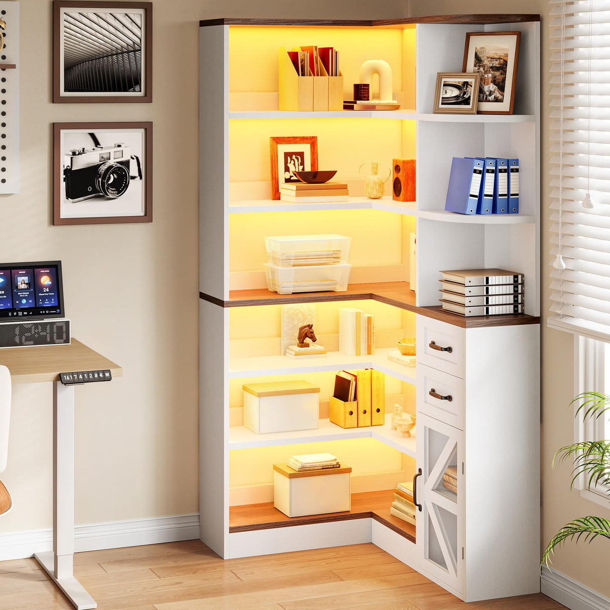 YITAHOME Corner Bookshelf with Storage, Farmhouse 6-Tier Bookshelf with Drawers and Cabinets, L-Shaped Bookcase LED Lights Corner Display Shelf for Home Office, Living Room, Bedroom YITAHOME