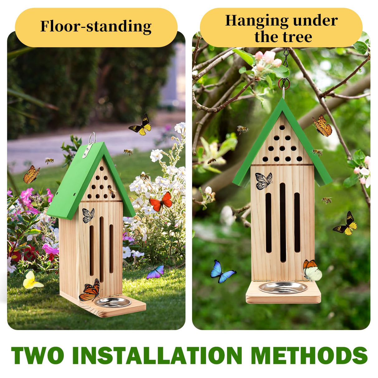 3-in-1 Butterfly House Feeder Bee House, Wooden Butterfly Houses for The Garden, Butterfly Feeders for Outdoors, Natural Butterfly Garden Kit Habitat with Puddler Beyoogeem