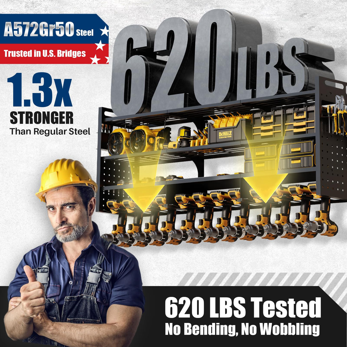 STURDIFLOW Large 49''W Power Tool Organizer Wall Mount | 620lbs Garage Storage Rack with 12 Cordless Drill Holder | 4-Tier Heavy Duty Utility Shelf for Battery Workshop Organization STURDIFLOW