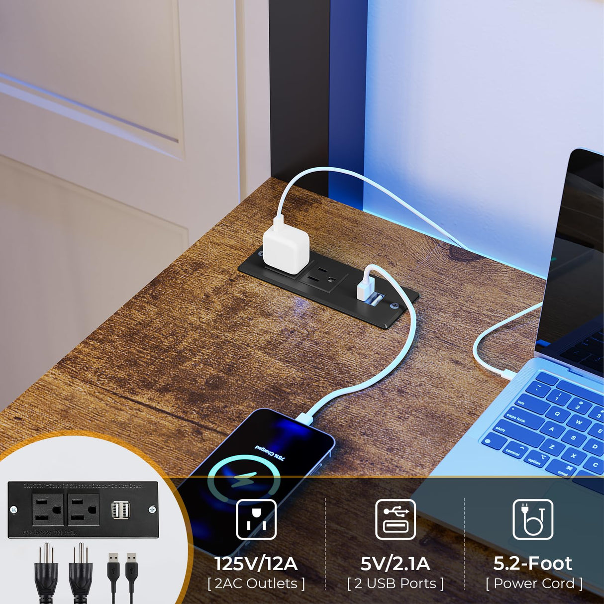 DICTAC Loft Bed Full Size with Desk and Led Lights Full Metal Loft Bed with Charging Station Full Size Metal Bed Frame with Safety Guard & Ladder, Space-Saving,No Noise,No Box Spring Needed, Black DICTAC