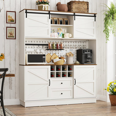 75” Tall Large Kitchen Pantry Storage Cabinet,63"W Farmhouse Kitchen Hutch Cabinet w/Power Outlet,Large Coffee Bar Cupboard w/Microwave Shelf & Wine Rack,4 Doors,2 Drawers, Dining Room, White