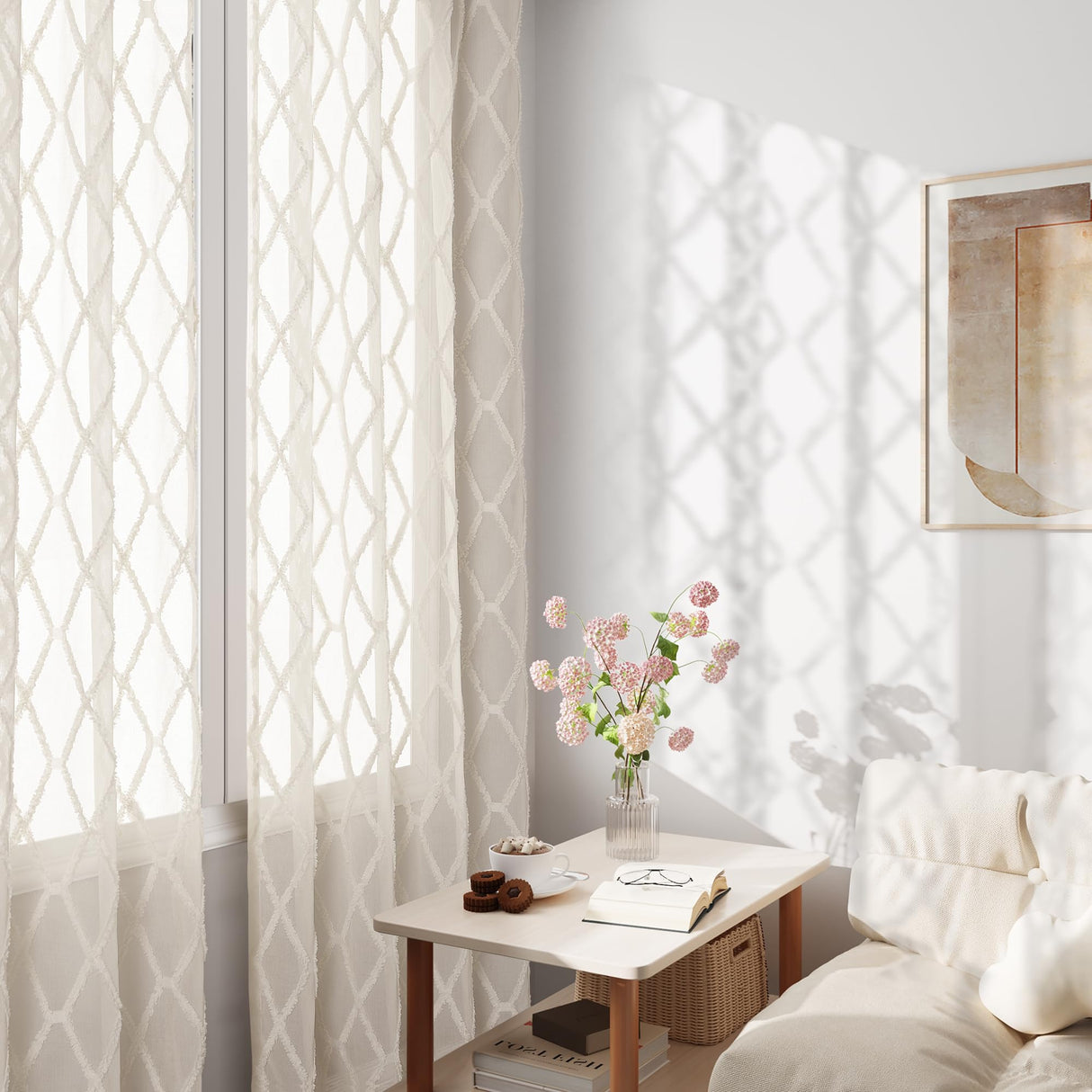 Beige Sheer Curtains 84 Inches Long for Living Room Rod Pocket Back Tab Sand Taupe Tan Semi Sheer Curtain Geometric Embroidered Tuft Pom Textured Drapes Earth Tone Farmhouse Rustic Bedroom Nursery Hokibero