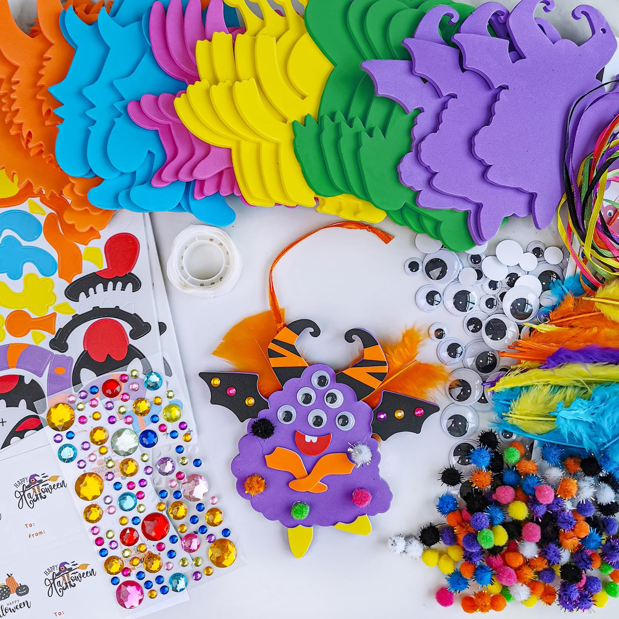 Winlyn 24 Sets Fall Kids Crafts DIY Monster Ornaments Decorations Art Sets Foam Monster Stickers Googly Eyes for Kids Autumn Halloween Classroom Party Activities Winlyn