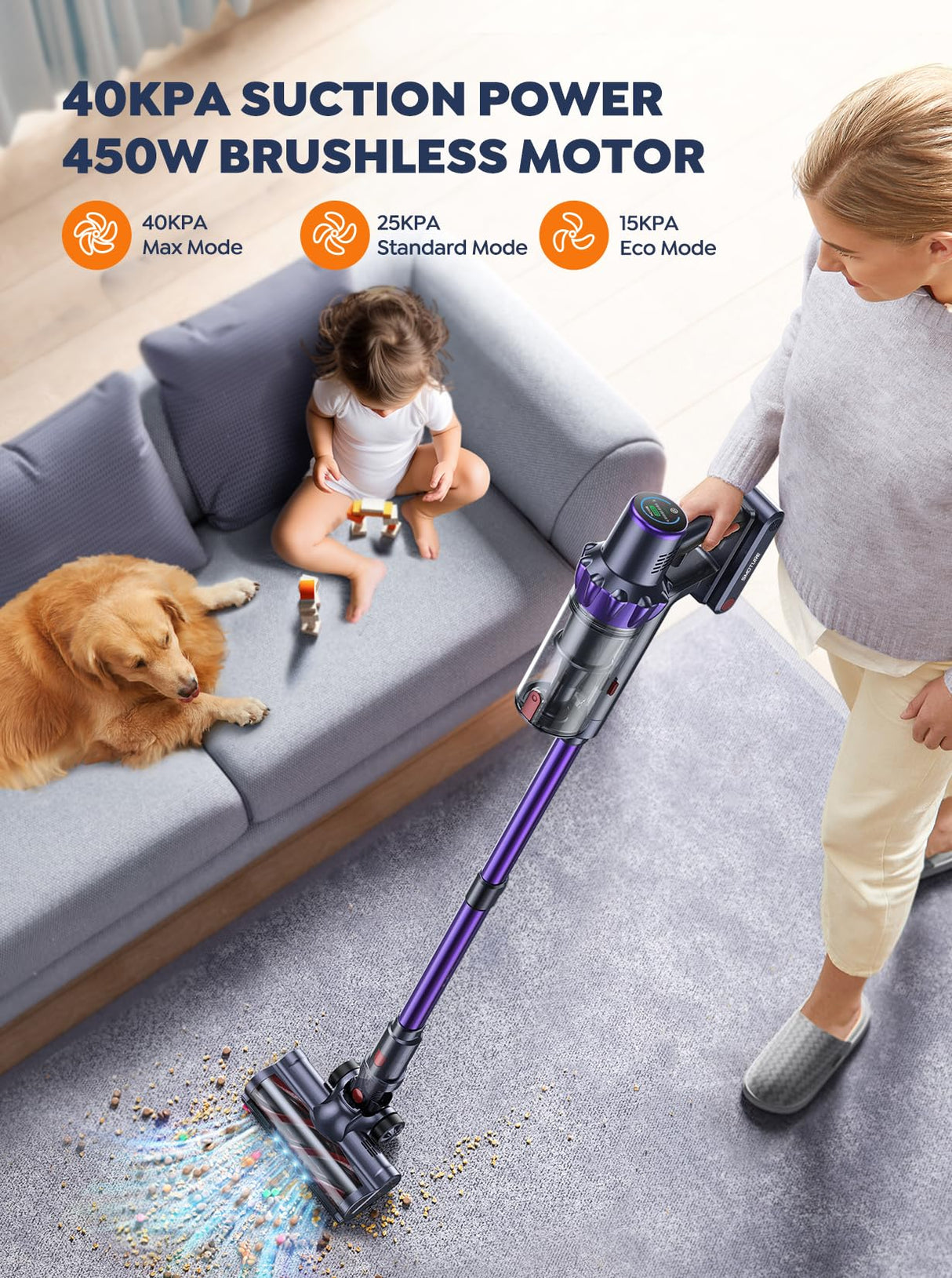 Cordless Vacuum Cleaner, 2 Batteries 110 Mins Runtime Vacuum Cleaners for Home, 40KPA 450W Stick Vacuum with Brushless Motor, Automatically Adjust Suction, Handheld Vacuum for Pet Hair/Carpet/Floor SMOTURE