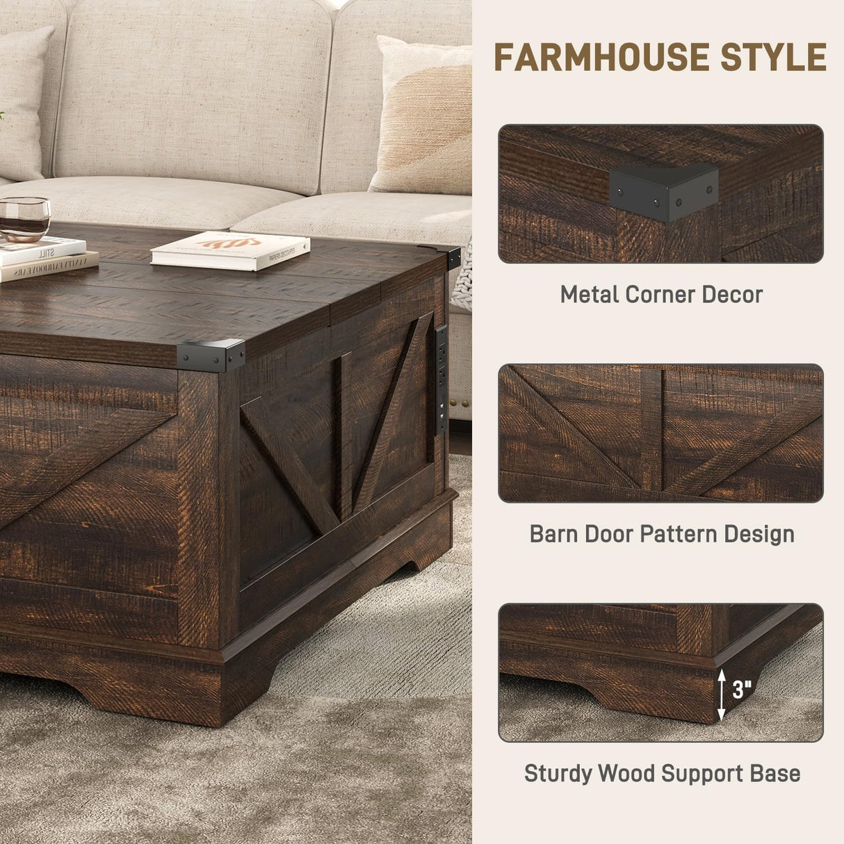 Hlivelood 40” Large Farmhouse Lift Top Coffee Table with Power Outlets and Large Hidden Storage, Square Wood Living Room Tables, Multi-Function Lift Wooden Barn Door Center Table, Brown Hlivelood