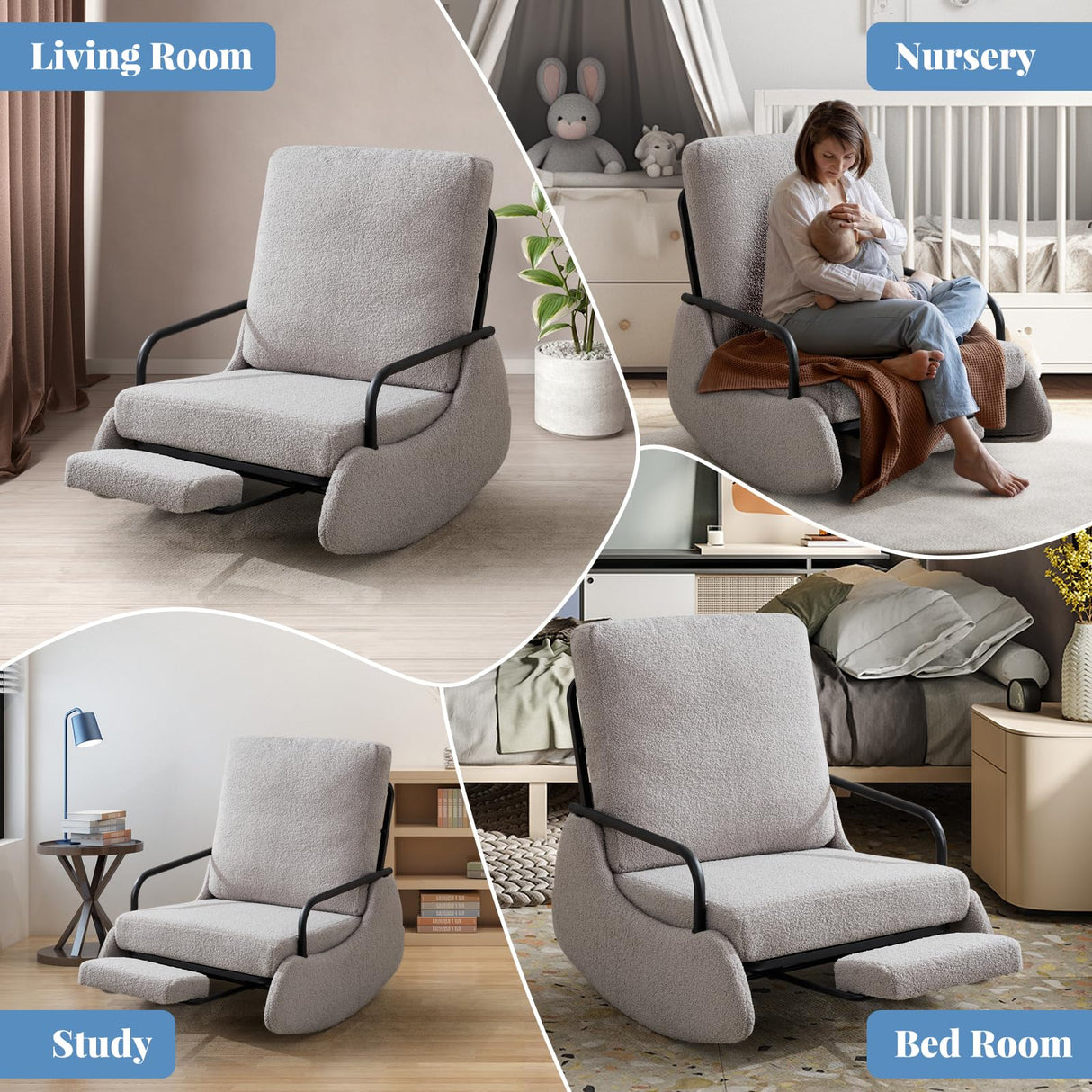 ASAHREE Nursery Rocking Chair, Teddy Upholstered Glider Rocker Modern Accent Chair Padded Seat with High Backrest,Comfy Side Chair for Nursery,Living Room Bedroom Offices, Gray ASAHREE