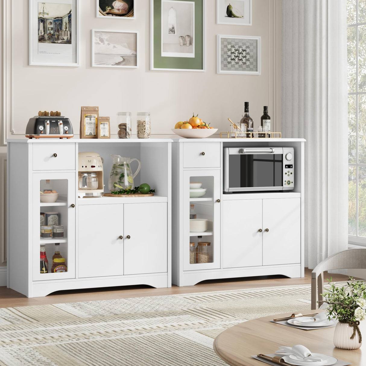 HORSTORS Storage Cabinet with 3 Doors and 1 Drawer, Buffet Cabinet Sideboard with Adjustable Shelves, Microwave Stand Cabinet for Kitchen, Dining Room, White HORSTORS