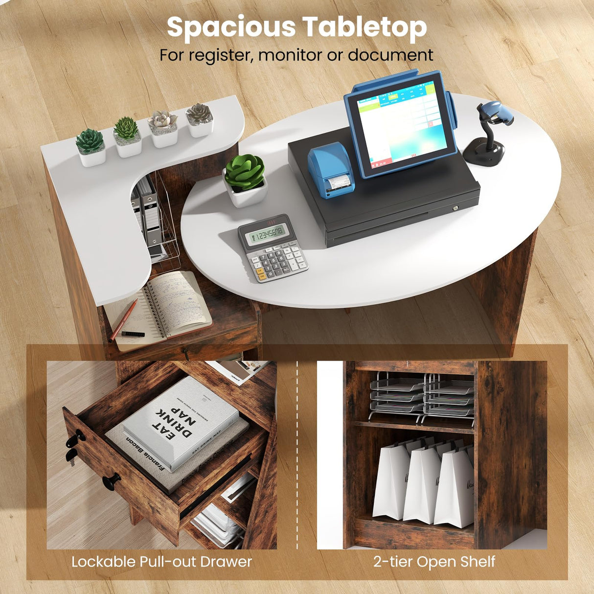 GOFLAME Reception Desk with Lockable Drawer & Adjustable Shelf, Front Counter with Oval Tabletop, Retail Register Stand, Office Computer Desk for Hotel, White + Rustic Brown GOFLAME