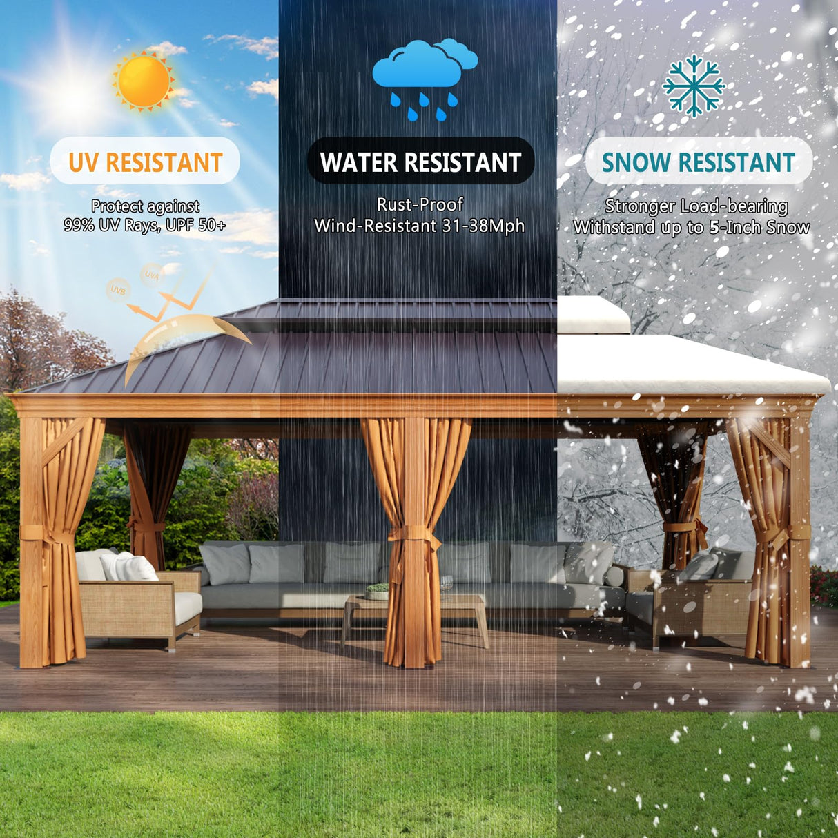 Jolydale 12' x 20' Gazebo, Wooden Finish Coated Aluminum Frame Canopy, Galvanized Steel Double Top, Outdoor Permanent Metal Pavilion with Privacy Curtains and Netting, for Patio, Deck and Backyard Jolydale