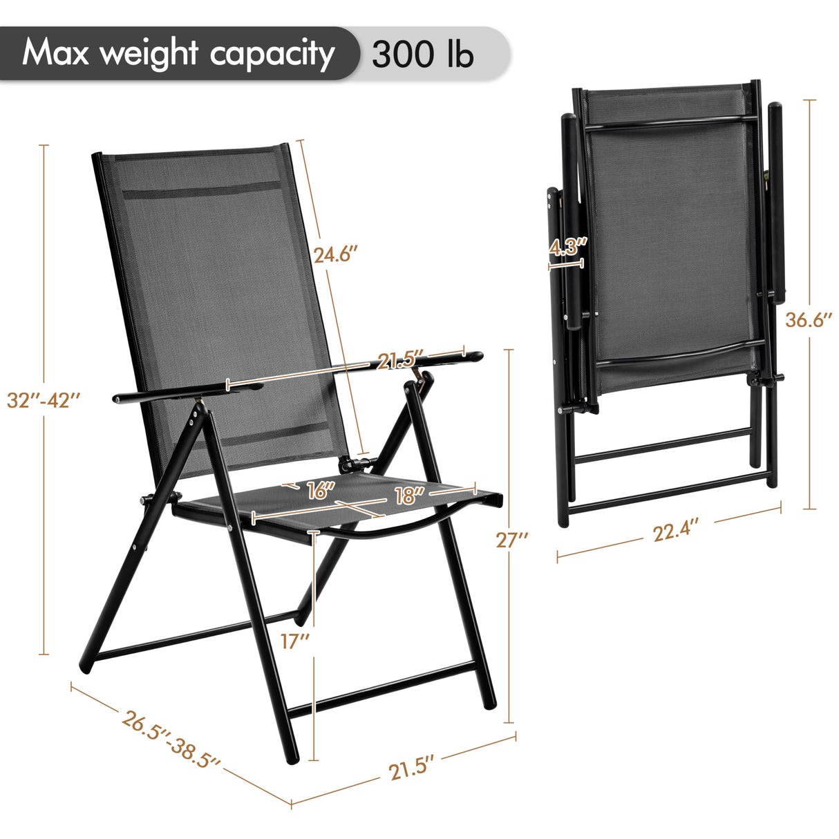 Yaheetech Patio Folding Dining Chairs Set of 2, Stackable Outdoor Lawn Chairs with 8 Adjustable Back Positions and Armrest for Garden, Lawn, Yard and Beach, Dark Gray Yaheetech