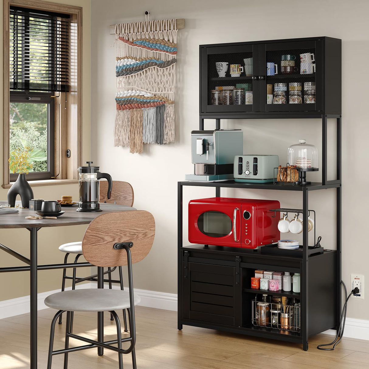 Furniouse 6-Tier Kitchen Bakers Rack with Power Outlet, Industrial Microwave Oven Stand with Shelves, Kitchen Utility Storage Shelf with Cabinet, Standing Kitchen Storage Rack (Black) Furniouse